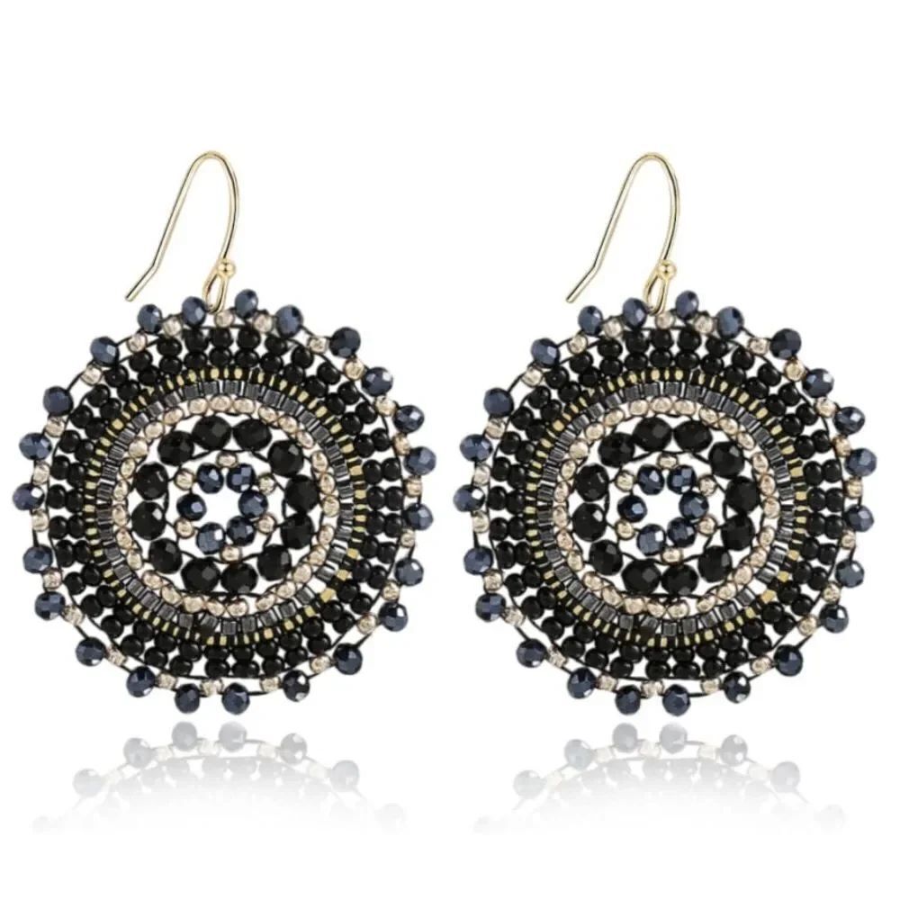 Black and Gray Beaded Crystal Round Disc Boho Statement Dangling Hook Earrings